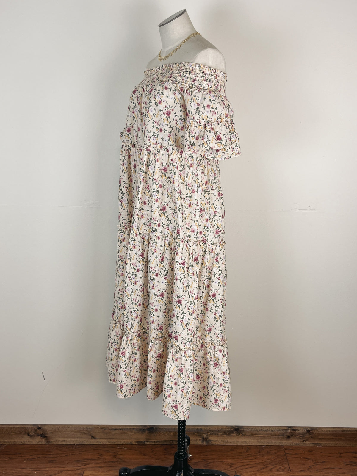Off The Shoulder Floral Midi Dress in Cream