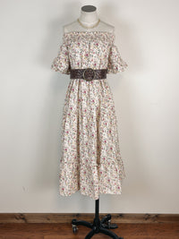 Off The Shoulder Floral Midi Dress in Cream
