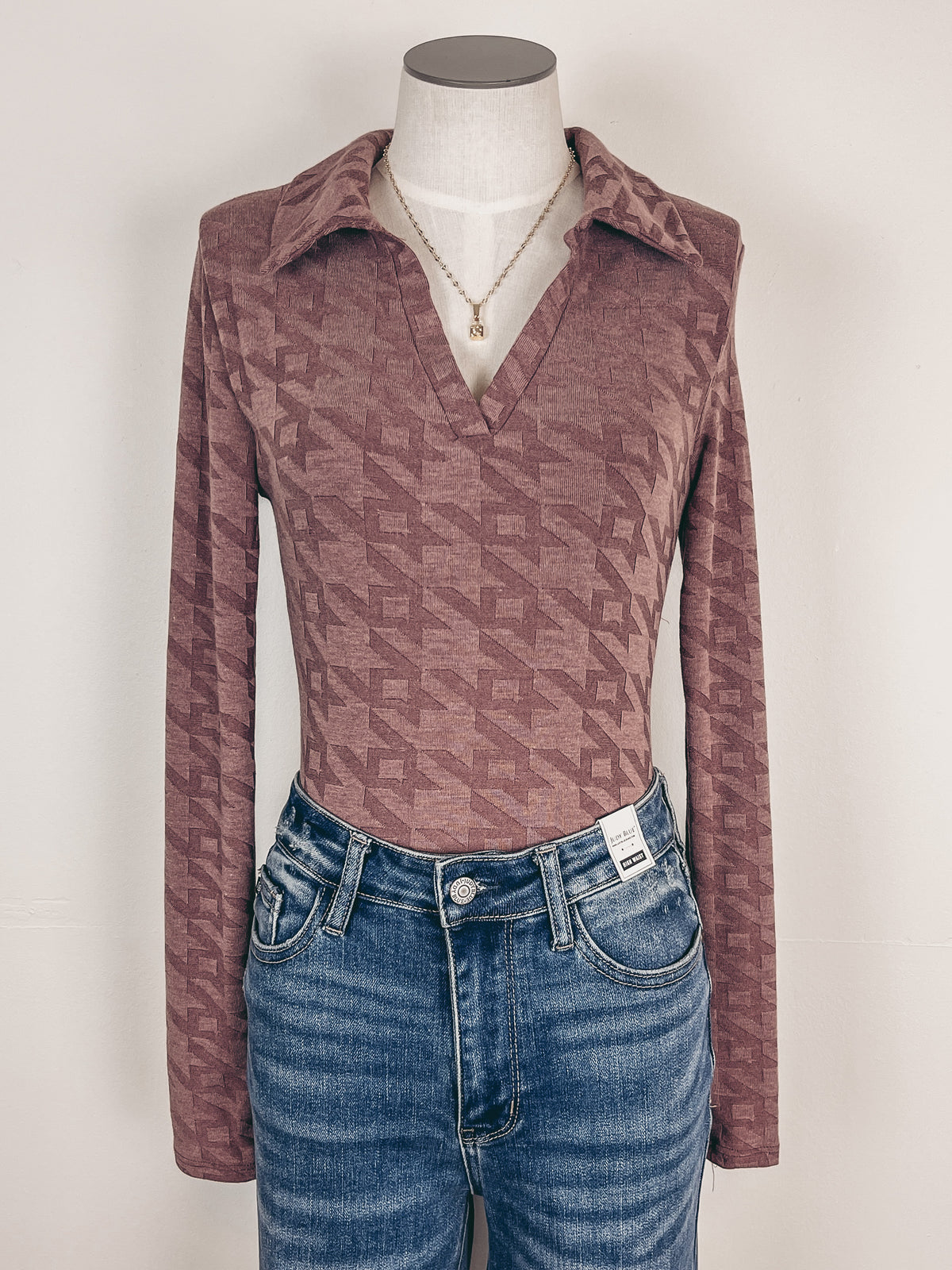 Houndstooth Pattern Bodysuit in Mulberry