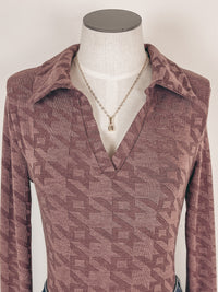 Houndstooth Pattern Bodysuit in Mulberry