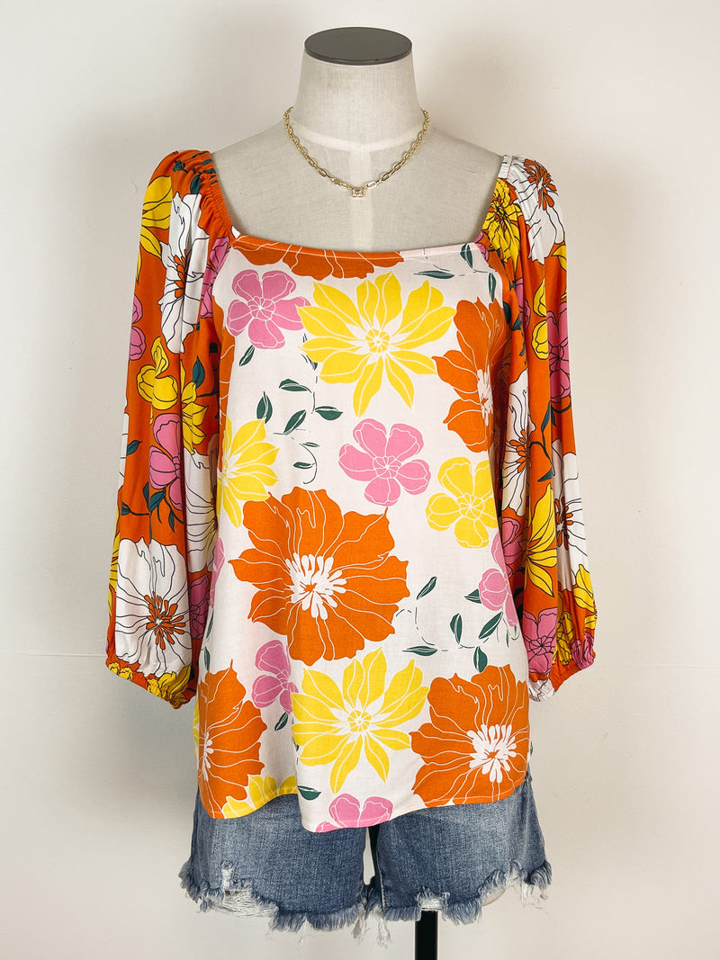 Floral Square Neck Blouse in Orange Multi