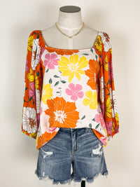 Floral Square Neck Blouse in Orange Multi