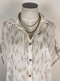 Brush Stroke Short Sleeve Button Up in Ivory/Taupe