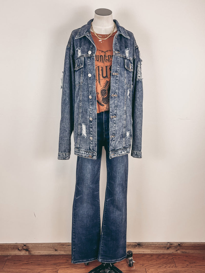 Acid Washed Distressed Denim Jacket in Indigo