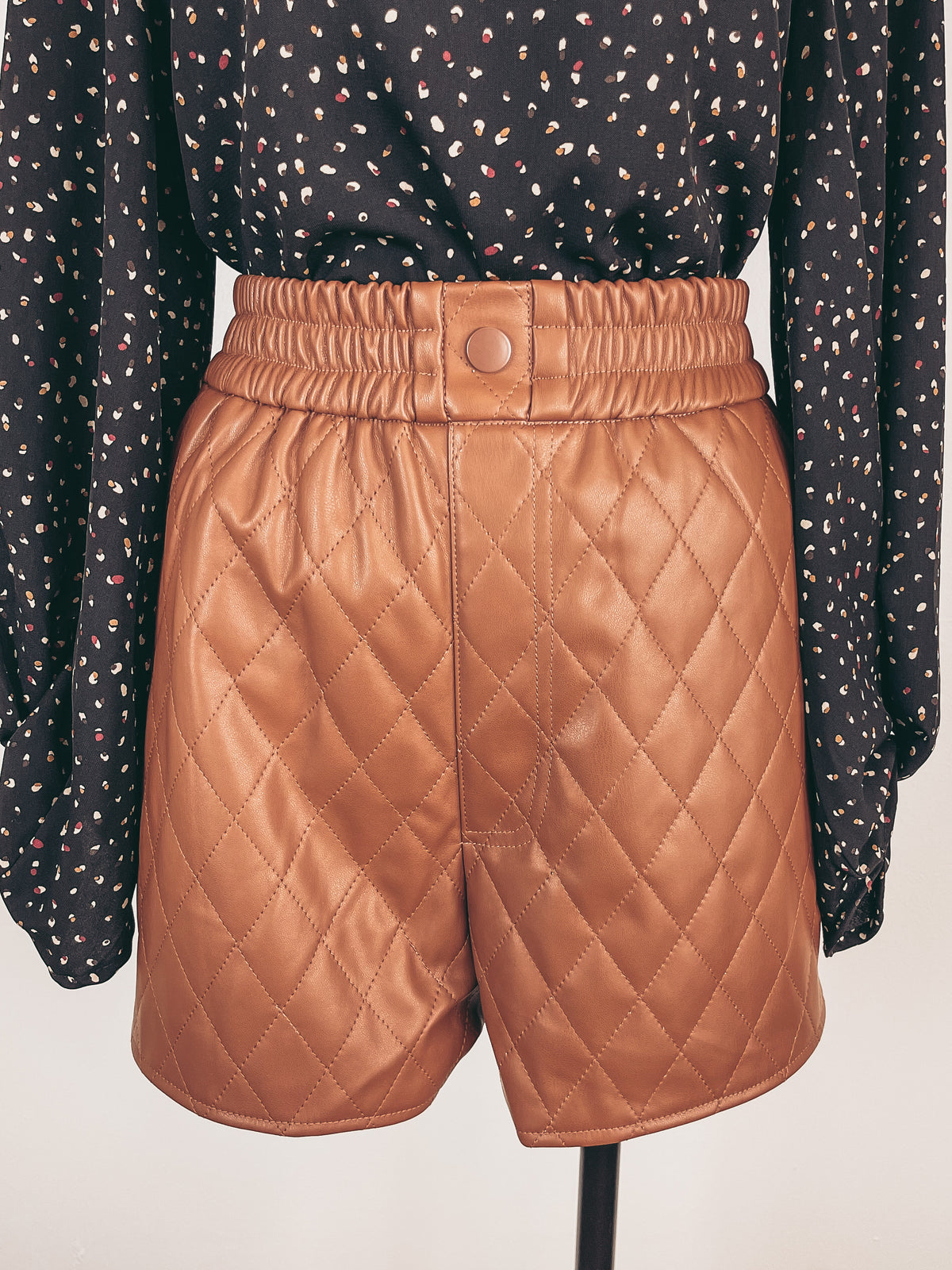 Quilted Faux Leather Shorts in Camel